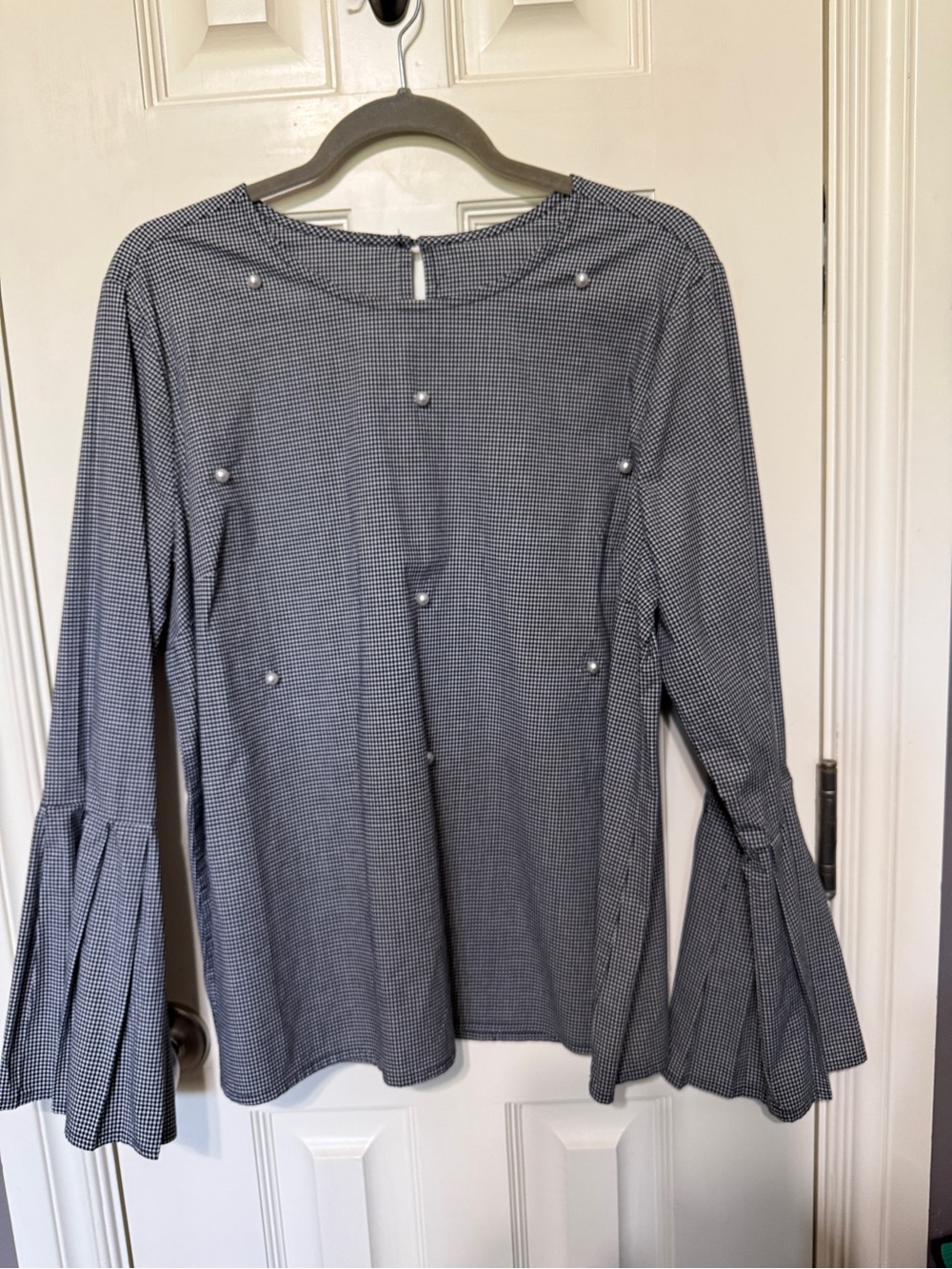 Source Unknown Black & White Gingham Pearl-Embellished Bell Sleeve Top